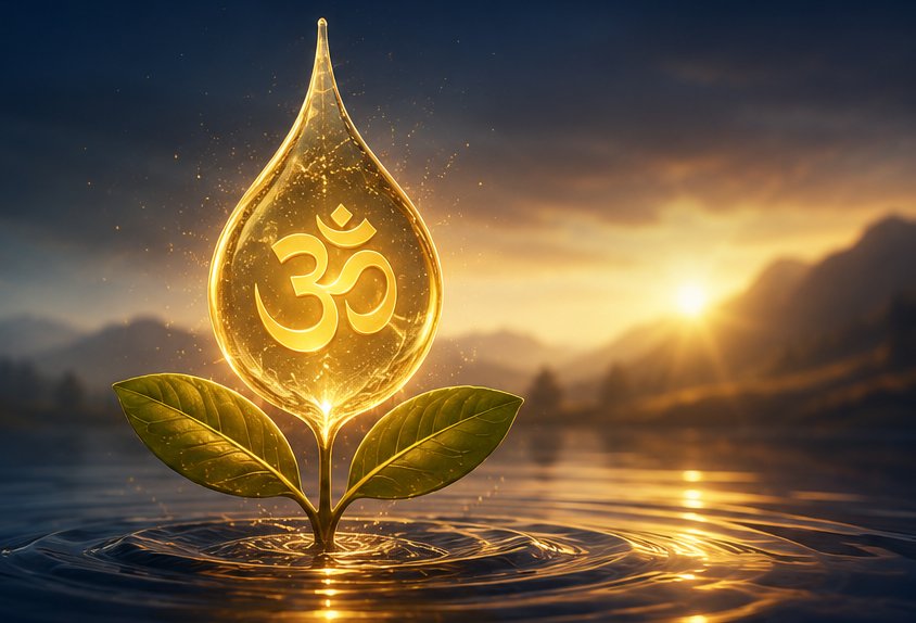 A glowing Om-drop leaf rising from calm water at sunrise, symbolising clarity and growth